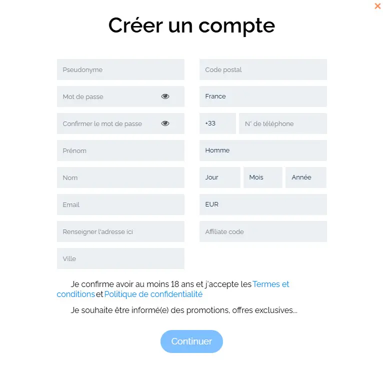 Processus d'inscription CASHWIN CASINO